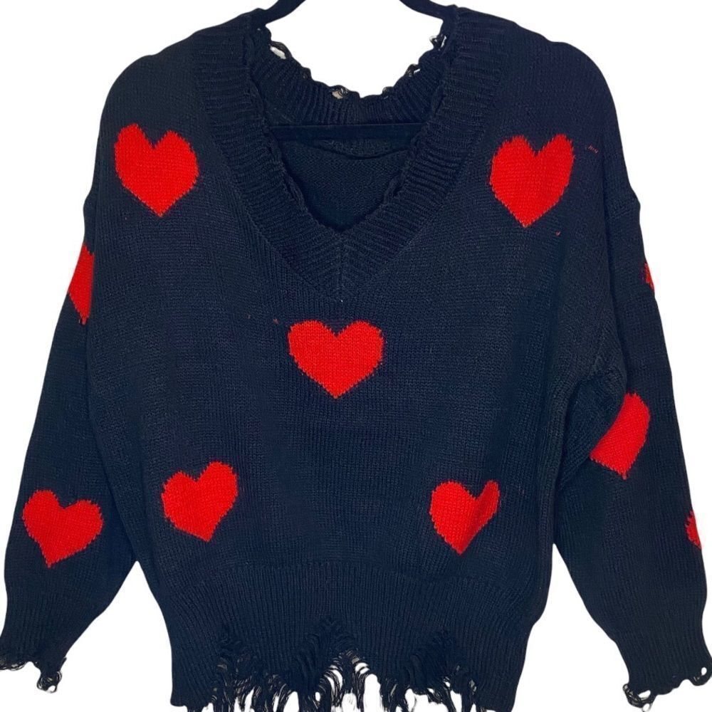 Frayed Heart Distressed Knit Sweater Sz M